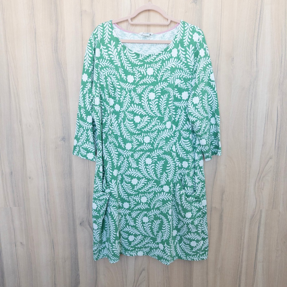 Boden Womens Floral Dress 18L Green White Leaf Print 3/4 Sleeve Preppy Mod